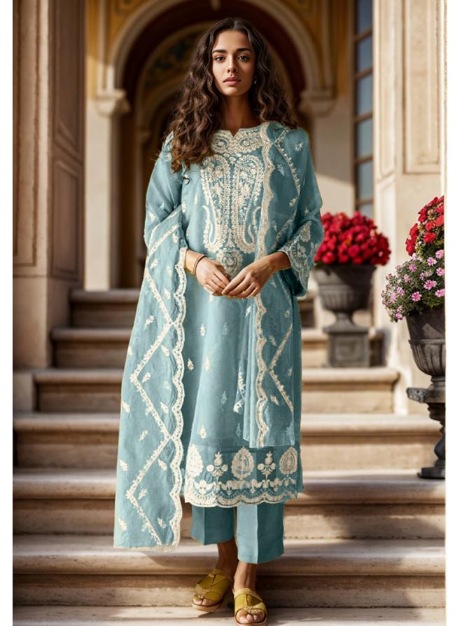 Organza Sky Blue Eid Wear Embroidery Work Readymade Pakistani Suit